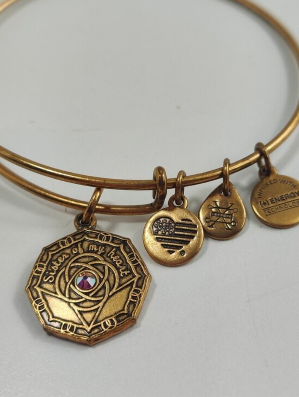 Alex and Ani Sisters of the Heart Charm Bracelet Gold Tone Adjustable Bangle